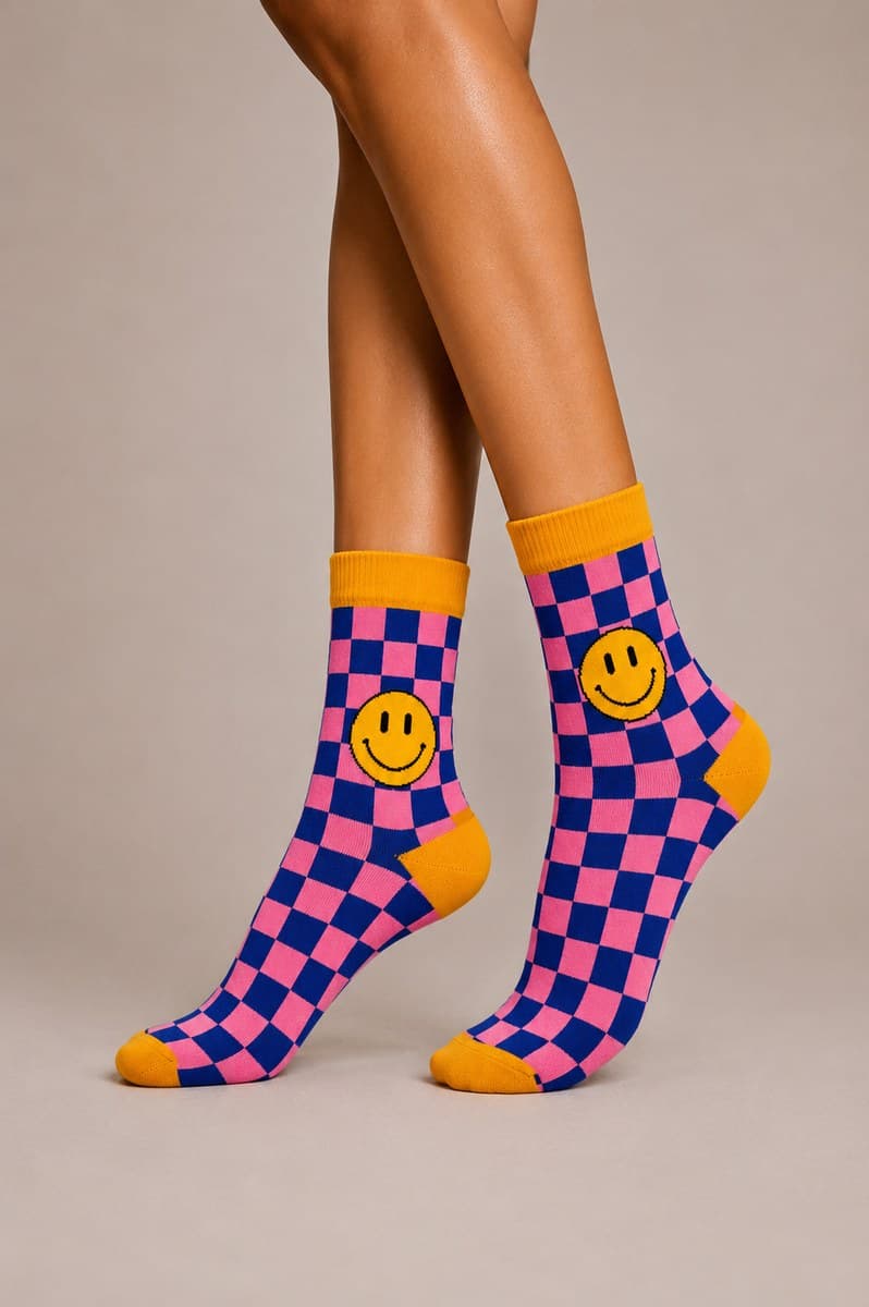 Medias Damero Smiley Rosa/Azul